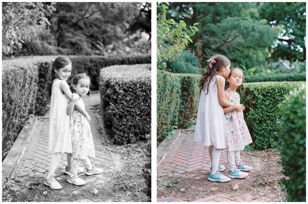 Two pictures of sisters on a garden path one in black and white the other in color inspiration