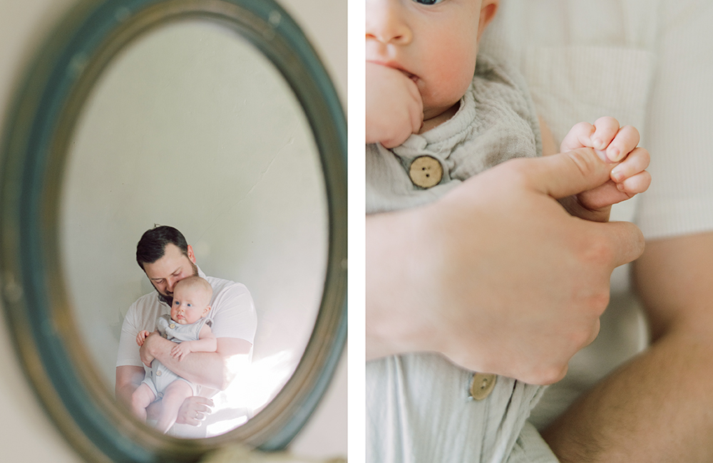 Diptych of reflection of dad holding son in antique mirror with blue frame, and a close up of baby's hand holding dad's thumb | Family Photographer in Columbus | Anna Laero