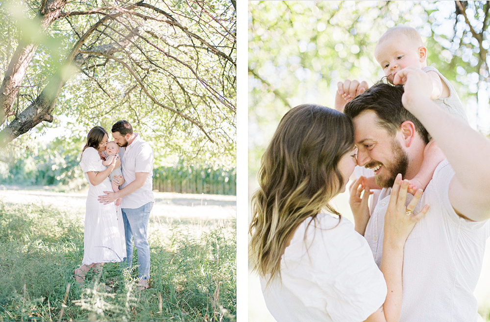 Two photos of parents with baby in the shade of a tree on a sunny day at Old Slate Farm | Columbus Family Photographer | Anna Laero Photography