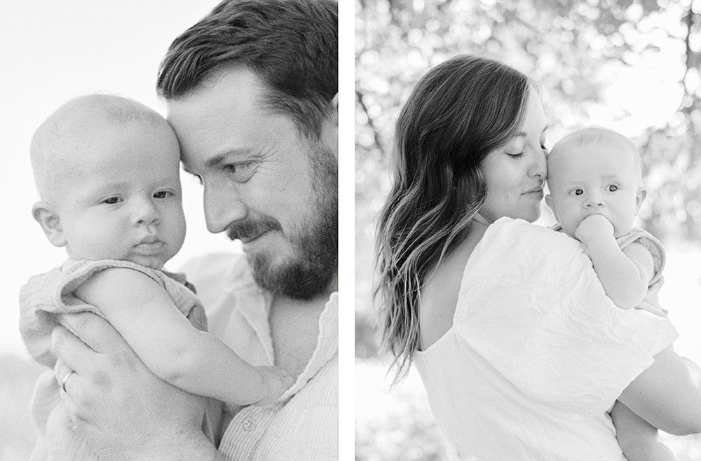 Two close up back and white portraits of each parent with their baby at Old Slate Farm | Ohio Family Photographer | Anna Laero Photography
