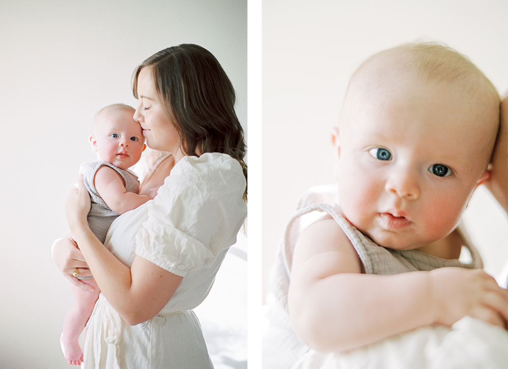 Diptych of mom in white smiling with eyes closed holding baby and close of baby with stunning blue eyes Old Slate Farm 