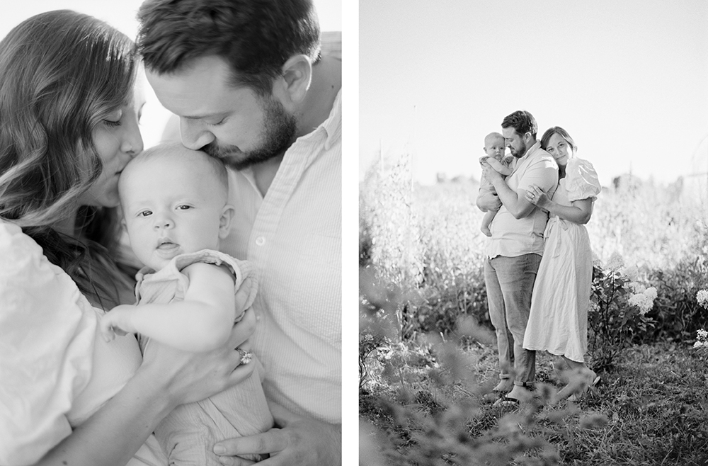 Black and white photos of parents and baby in a sunny field at Old Slate Farm | Ohio Family Photographer | Anna Laero Photography
